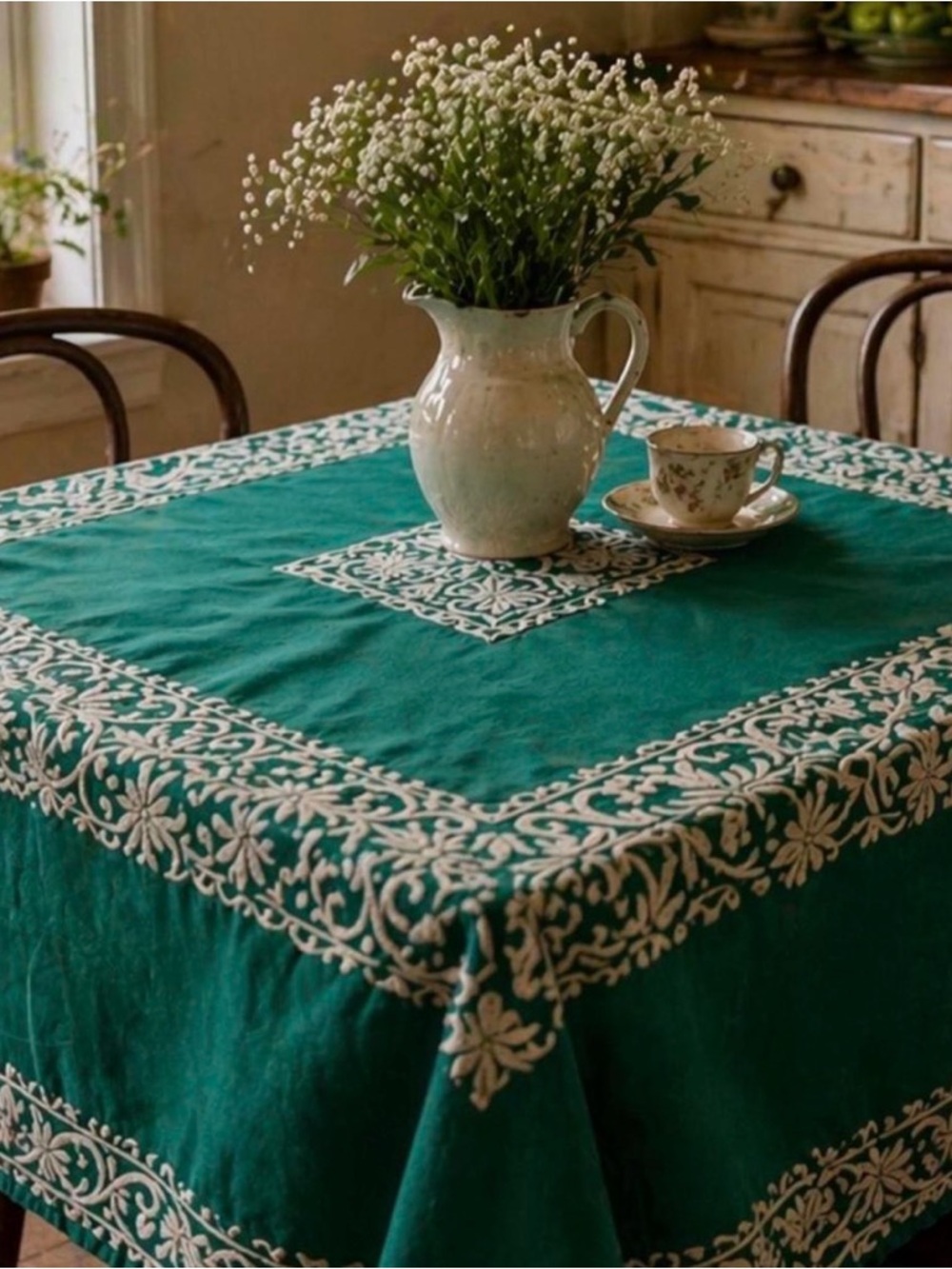 Vintage Teal Tablecloth with Ivory Embroidered Border - Home Dining